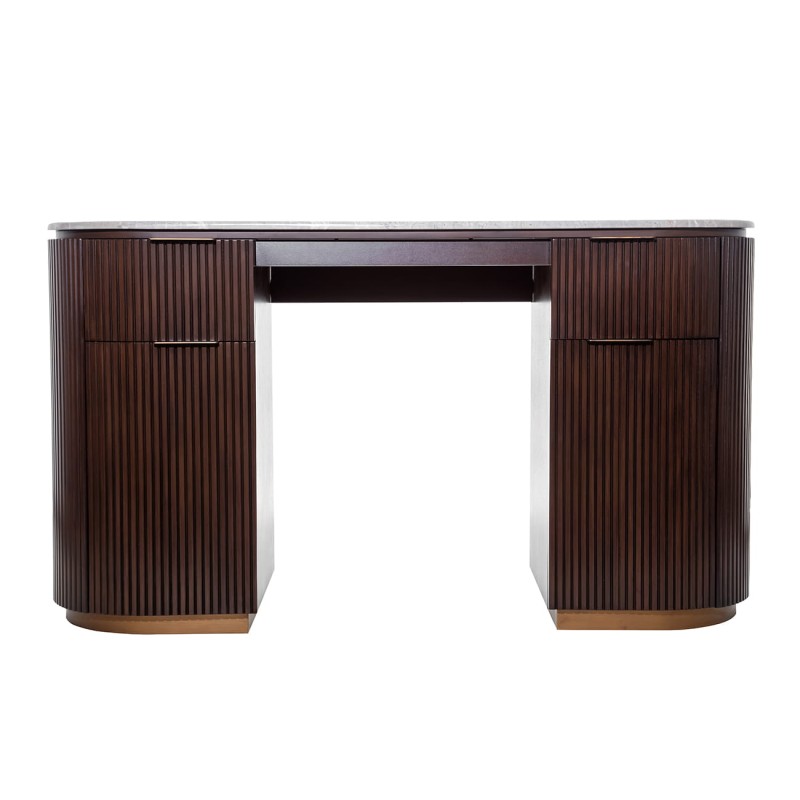 Bremner marble desk with a wooden base and two drawers. A stylish 142 cm desk combining natural marble and wood, perfect for a home office or elegant workspace.