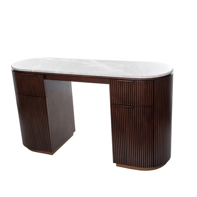 Bremner marble desk with a wooden base and two drawers. A stylish 142 cm desk combining natural marble and wood, perfect for a home office or elegant workspace.