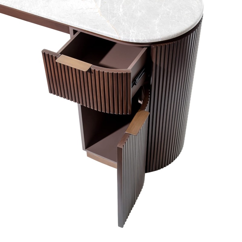 Bremner marble desk with a wooden base and two drawers. A stylish 142 cm desk combining natural marble and wood, perfect for a home office or elegant workspace.