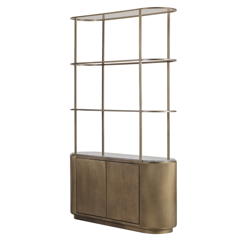 Primrose Gold bookcase with a metal frame, glass shelves and marble base. Elegant 204 cm design for luxury interiors.
