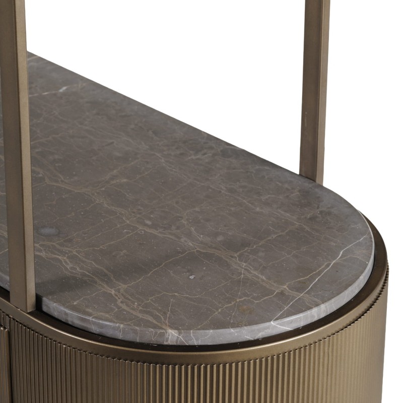 Primrose Gold bookcase with a metal frame, glass shelves and marble base. Elegant 204 cm design for luxury interiors.