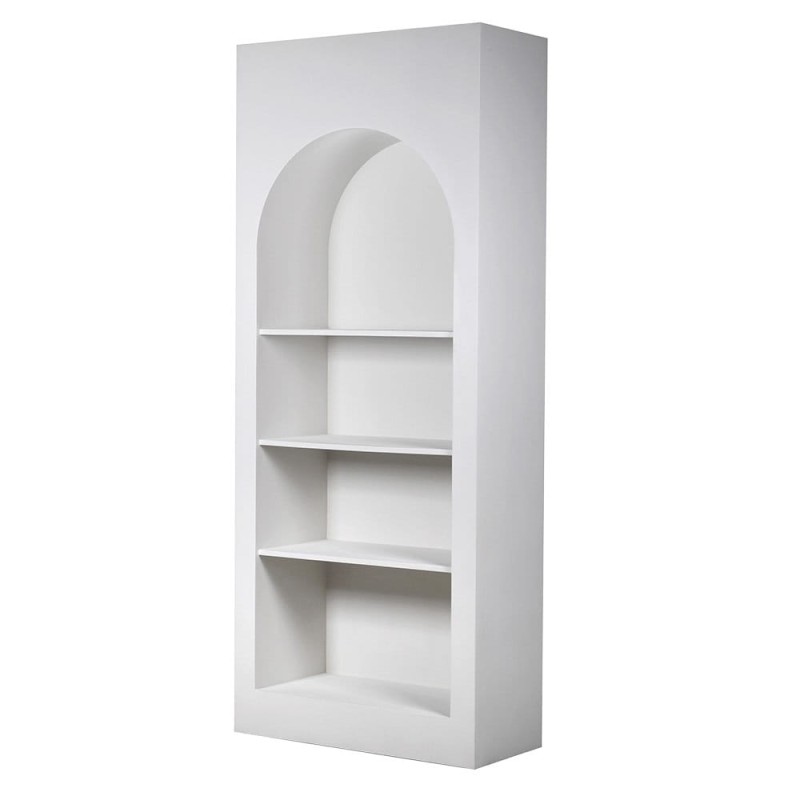 Arched white bookcase with a closed design and four shelves. A tall 230 cm storage cabinet with an elegant arch shape, ideal for modern interiors.
