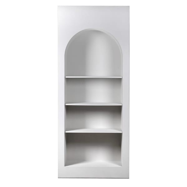 Arched white bookcase with a closed design and four shelves. A tall 230 cm storage cabinet with an elegant arch shape, ideal for modern interiors.