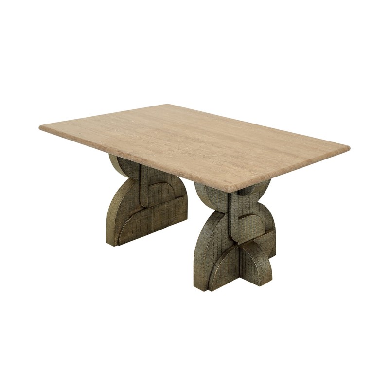 Ashford dining table with a natural travertine top and metal legs. A modern luxury dining table measuring 200 × 100 cm.