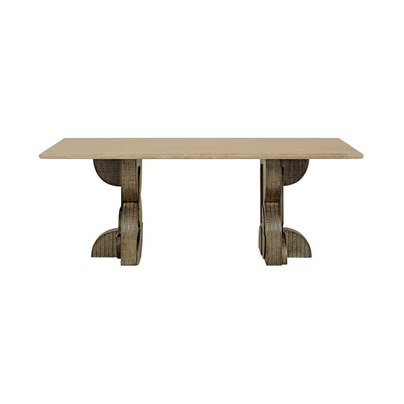 Ashford dining table with a natural travertine top and metal legs. A modern luxury dining table measuring 200 × 100 cm.