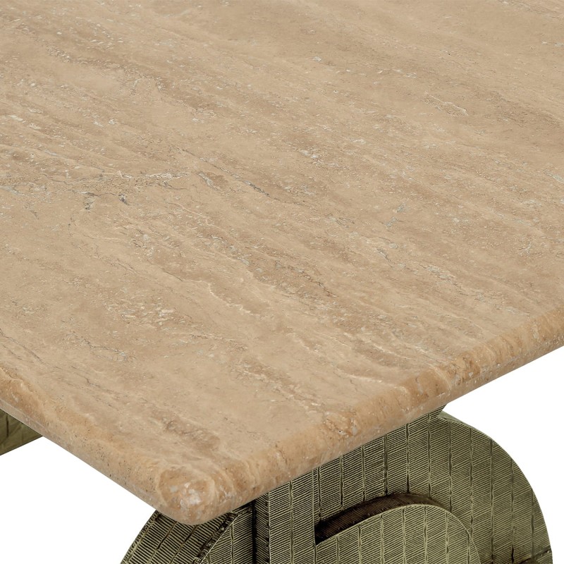 Ashford dining table with a natural travertine top and metal legs. A modern luxury dining table measuring 200 × 100 cm.