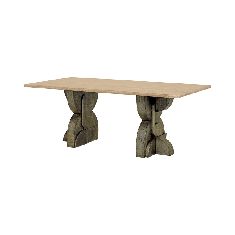 Ashford dining table with a natural travertine top and metal legs. A modern luxury dining table measuring 200 × 100 cm.