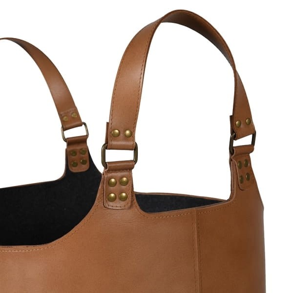 Decorative brown leather storage basket, 42 × 47 cm. Stylish and practical solution for organising living rooms, bedrooms or hallways.