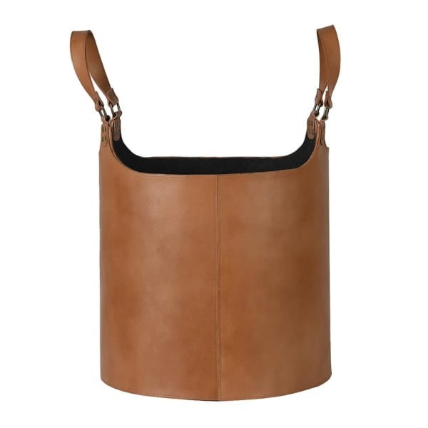 Decorative brown leather storage basket, 42 × 47 cm. Stylish and practical solution for organising living rooms, bedrooms or hallways.