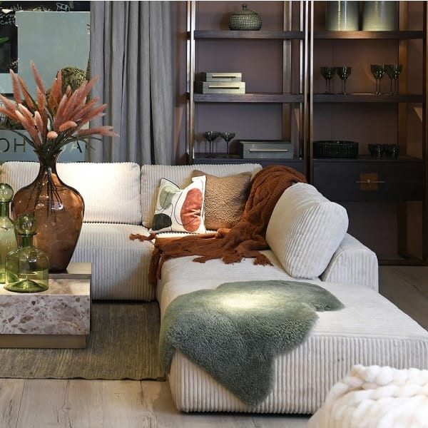 Corner Modular Sofa Set in Cream Corduroy Velvet Five Piece Configuration