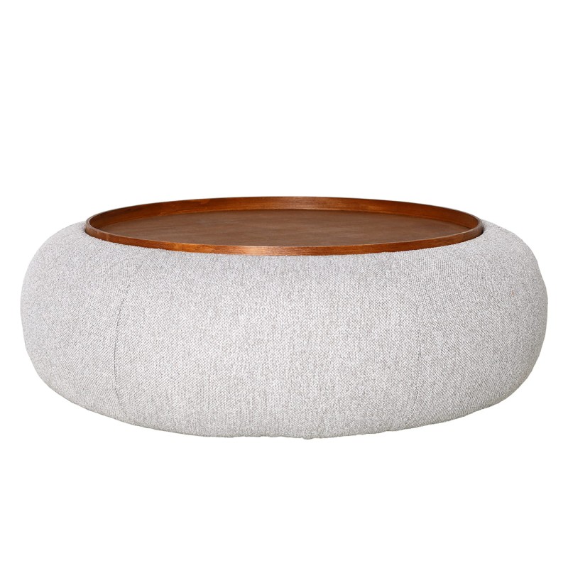 Large round storage ottoman with wooden tray top in light grey