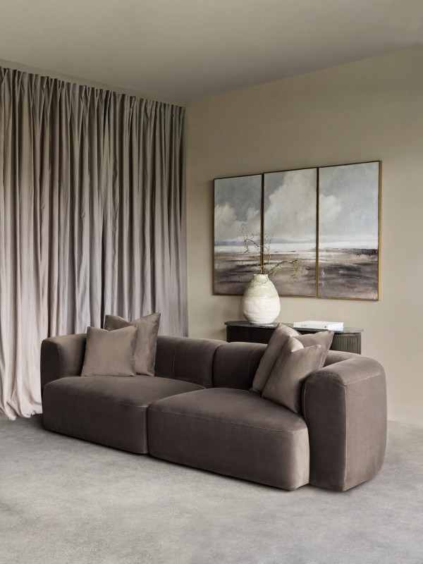Brompton Brown 275 cm Velvet Sofa with Decorative Cushions