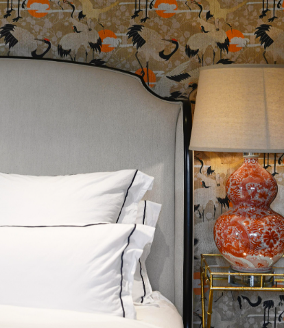 Porcelain table lamp with cotton shade for bedroom or hallway