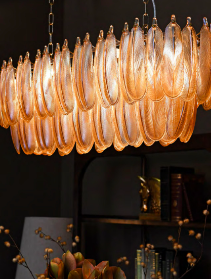 Kensington rectangular glass chandelier with ribbed glass panels and gold frame