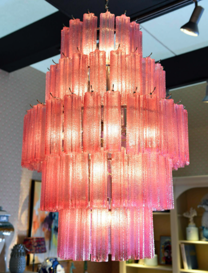 Pink glass panels on the Maldon Pink chandelier