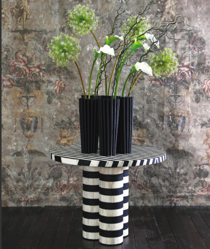 Black and white zebra bone-inlay round dining table, 101 cm diameter