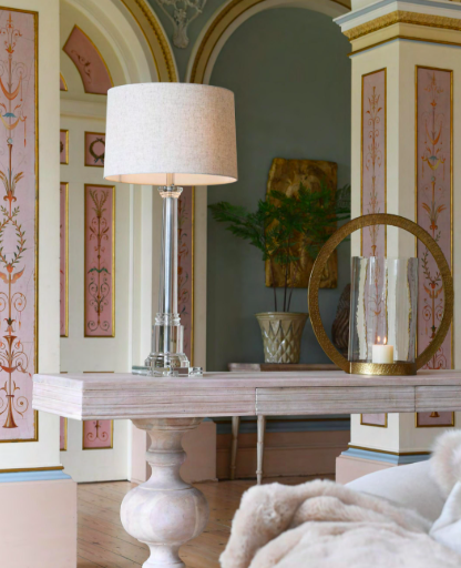 Crystal table lamp 98 cm with glass base and light linen shade
