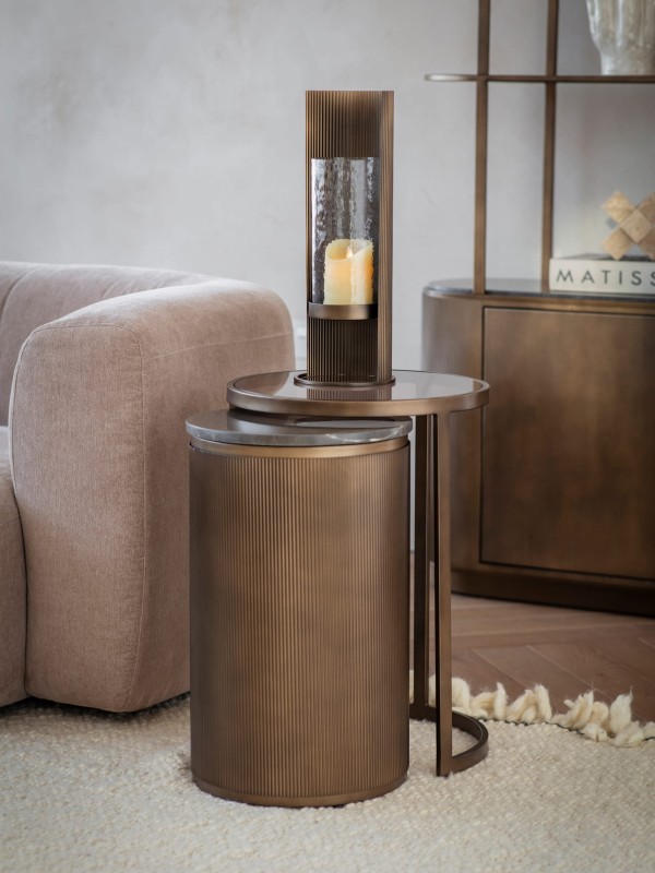 Primrose Royal Set of 2 Side Tables 56 cm with Marble and Glass Tops &amp; Gold Base