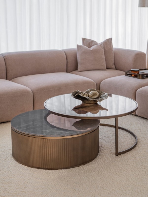 Primrose Royal Set of 2 Coffee Tables 94 cm with Marble and Glass Tops and Gold Base