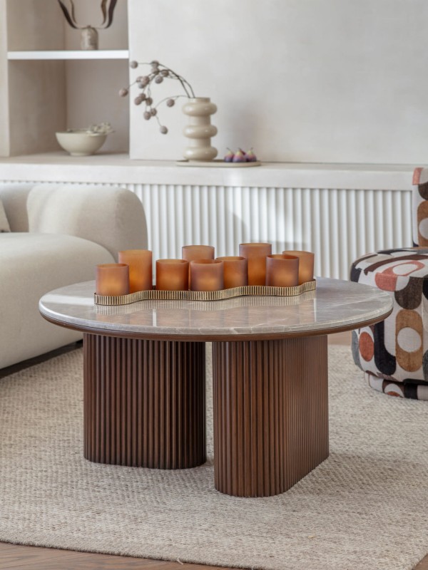 Bremner round coffee table with a marble top and wooden base. Elegant 90 × 45 cm design, perfect for modern living rooms.