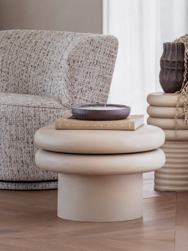 Japandi Beige Round Coffee Table 56 × 36 cm – Low Metal Living Room Table