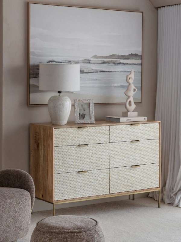 Chesham wooden sideboard 127 cm with six drawers and decorative fronts. Stylish storage cabinet for living room or bedroom.