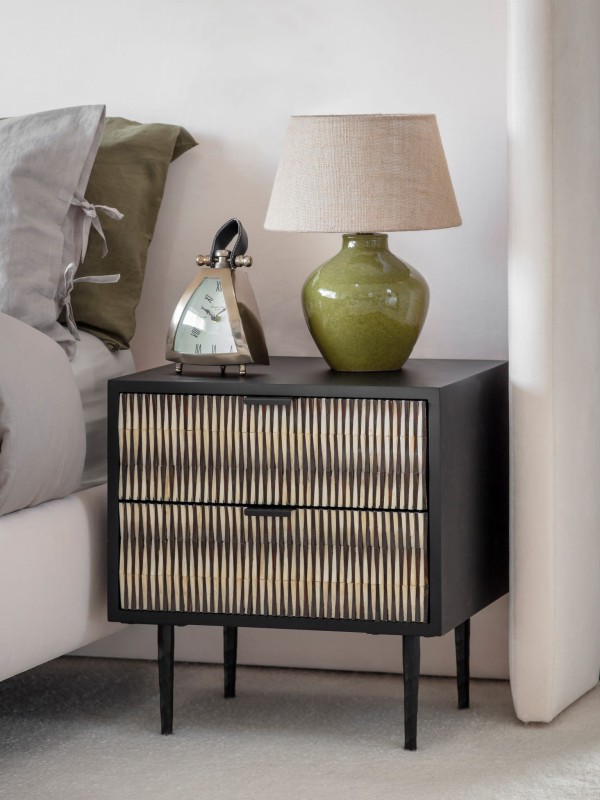 Merida 50 cm black and white bedside table with drawers and decorative fronts, designer nightstand for stylish bedrooms