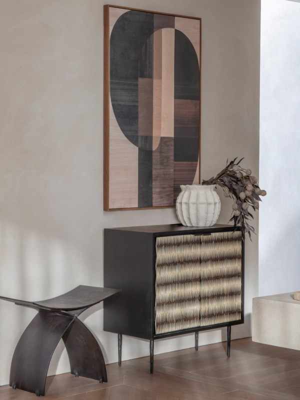 Merida small two-door sideboard 80 cm in black with decorative fronts. Stylish storage cabinet for living room, bedroom or hallway.