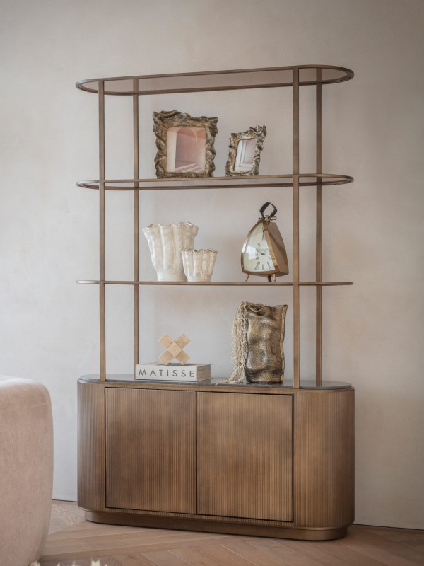 Primrose Royal gold shelving unit with marble top and glass shelves