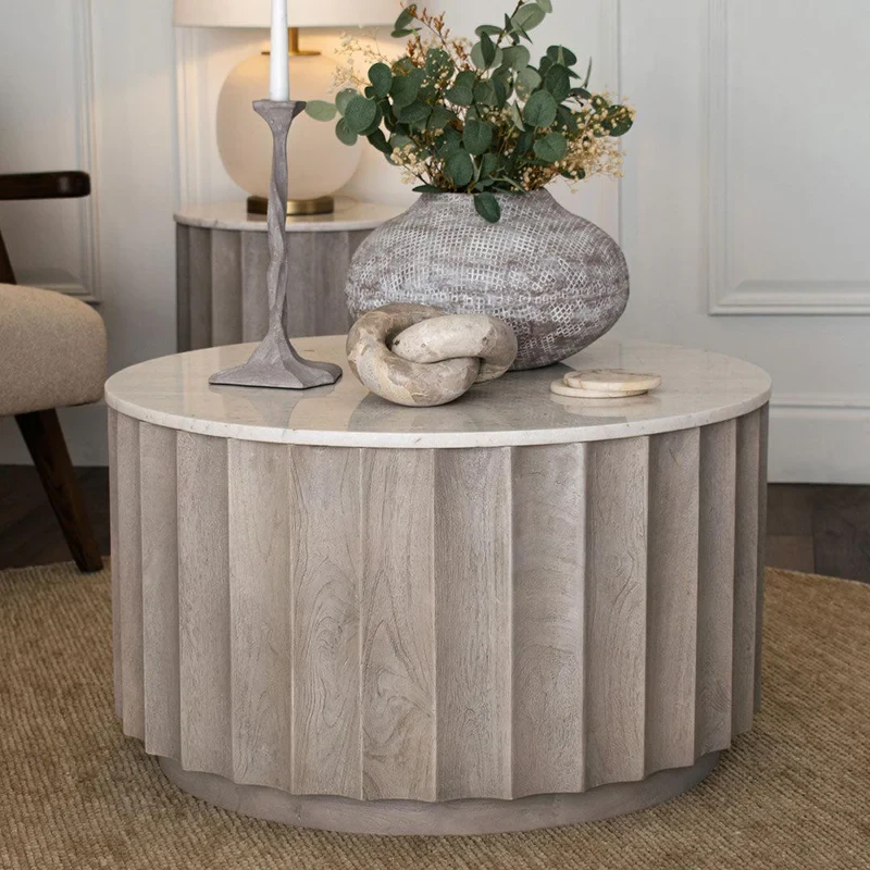 Astrid round coffee table with marble top and wooden base