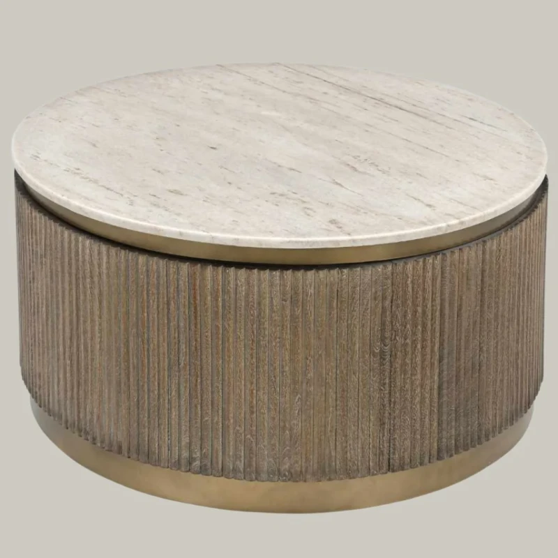 Maigue round coffee table with marble top and wooden base