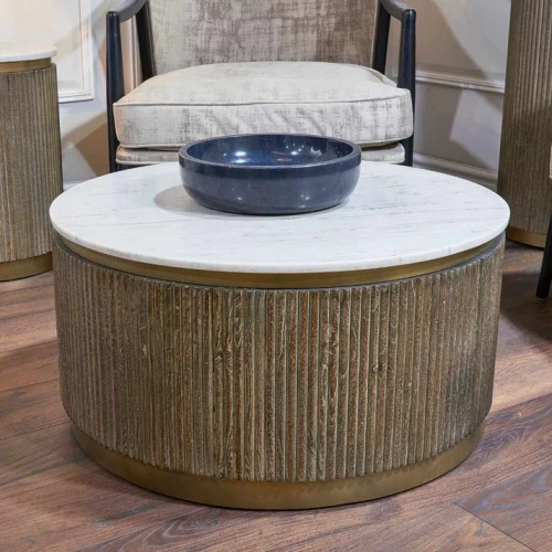 Maigue Round Coffee Table with Marble Top and Wooden Base – 76 x 38 cm