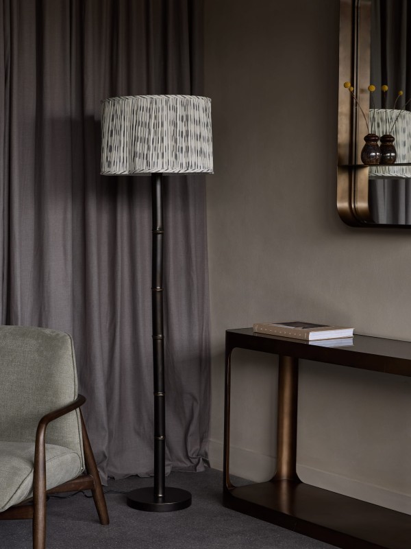 Lexi floor lamp with ikat linen shade and dark bronze base