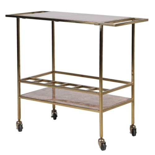 Aurora Gold Drinks Trolley on Wheels with Marble Shelves