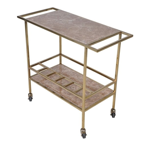 Aurora gold drinks trolley on wheels with marble shelves