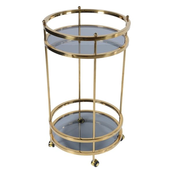 Cheval gold round drinks trolley on wheels with glass shelves