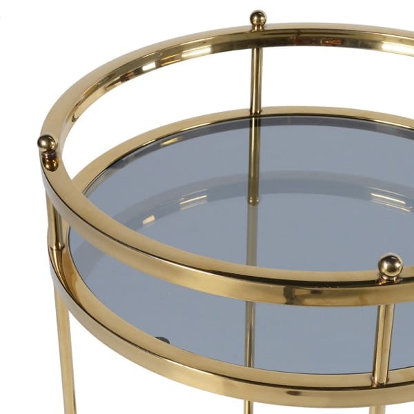 Cheval gold round drinks trolley on wheels with glass shelves