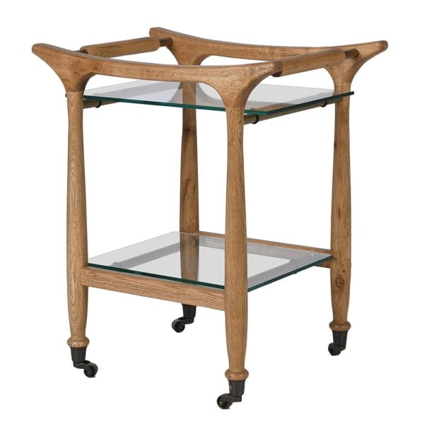 Boho oak drinks trolley on wheels with tempered glass shelves