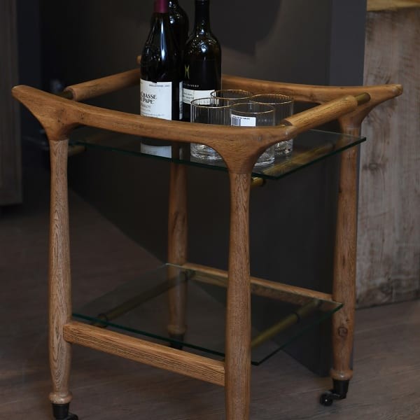 Boho oak drinks trolley on wheels with tempered glass shelves