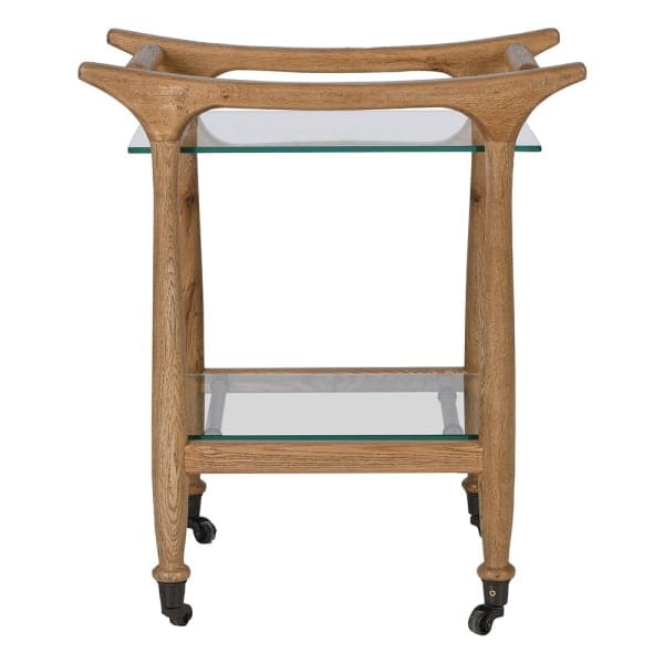 Boho oak drinks trolley on wheels with tempered glass shelves