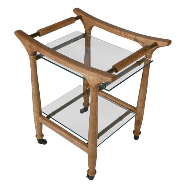 Boho oak drinks trolley on wheels with tempered glass shelves
