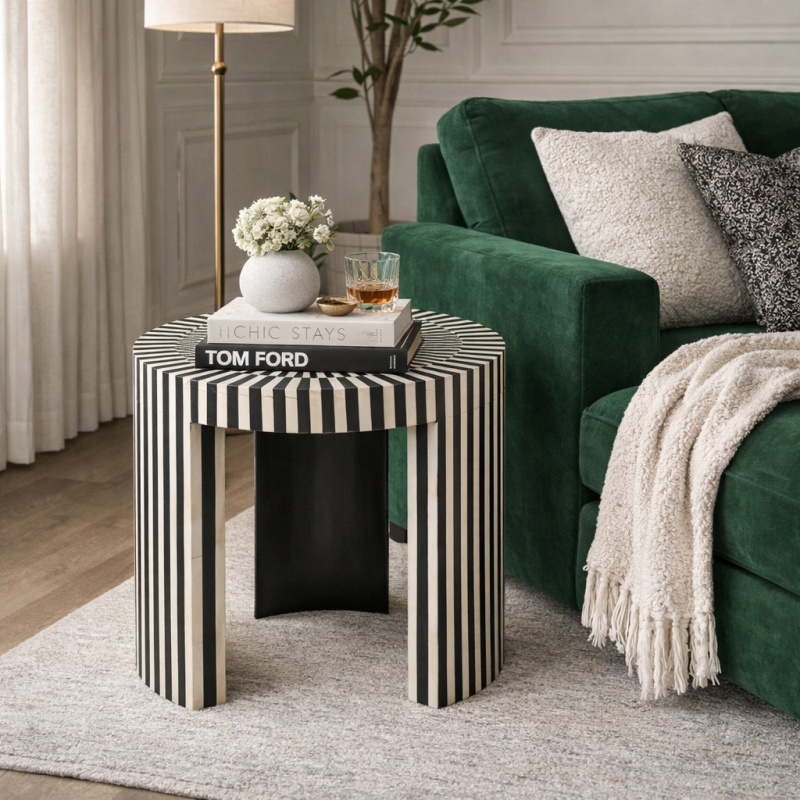 Kinnerton Round Side Table – 55 cm Black and White Striped Bone Inlay with Resin Finish