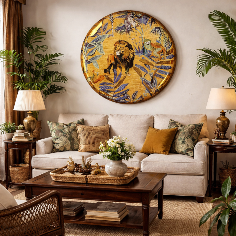 Jungle Wall Art 76 cm – Gold Wall Decor Enamel Round Wall Decor