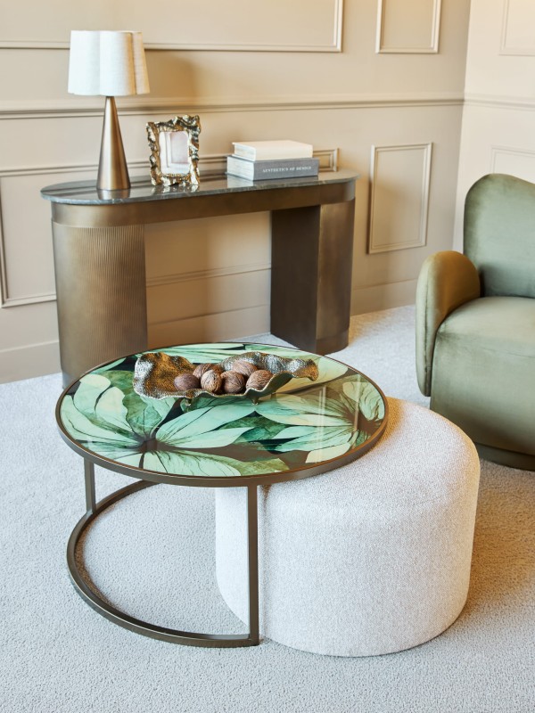 Leaf coffee table set 80 cm – round coffee table with matching pouffe and botanical motif, perfect for stylish living rooms.