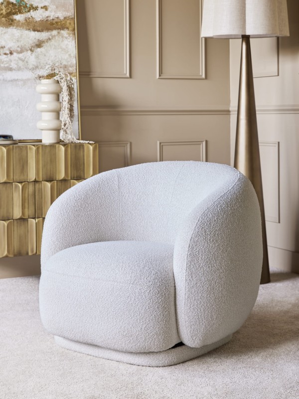 Pimlico White swivel armchair upholstered in white bouclé fabric – a decorative swivel chair for modern interiors.