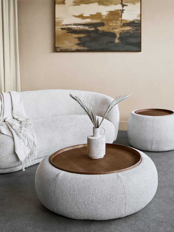 Large round storage ottoman with wooden tray top in light grey