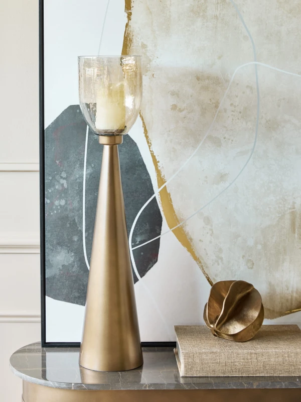 Golden Hurricane Candle Holder 80 cm – Glass Shade with Gold Iron Base