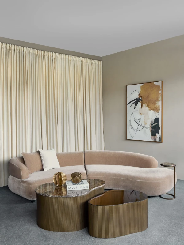 Cloud double coffee table with brown marble glass top and gold base.