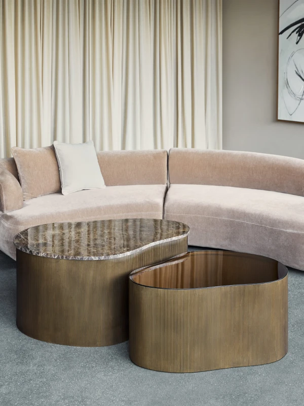 Cloud double coffee table with brown marble glass top and gold base.