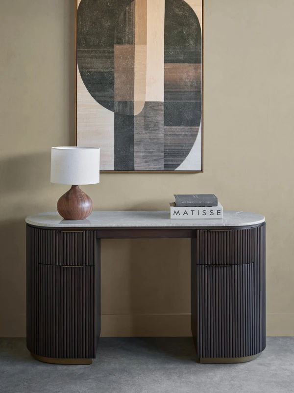 Bremner marble desk with a wooden base and two drawers. A stylish 142 cm desk combining natural marble and wood, perfect for a home office or elegant workspace.